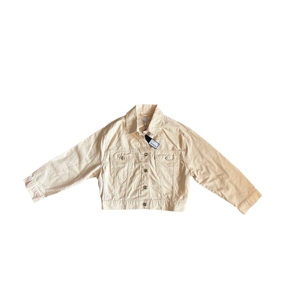 NWTGianni Bini Womens Cropped Denim Jacket M Bone Beige Cotton Button-Up READ - Picture 2 of 16